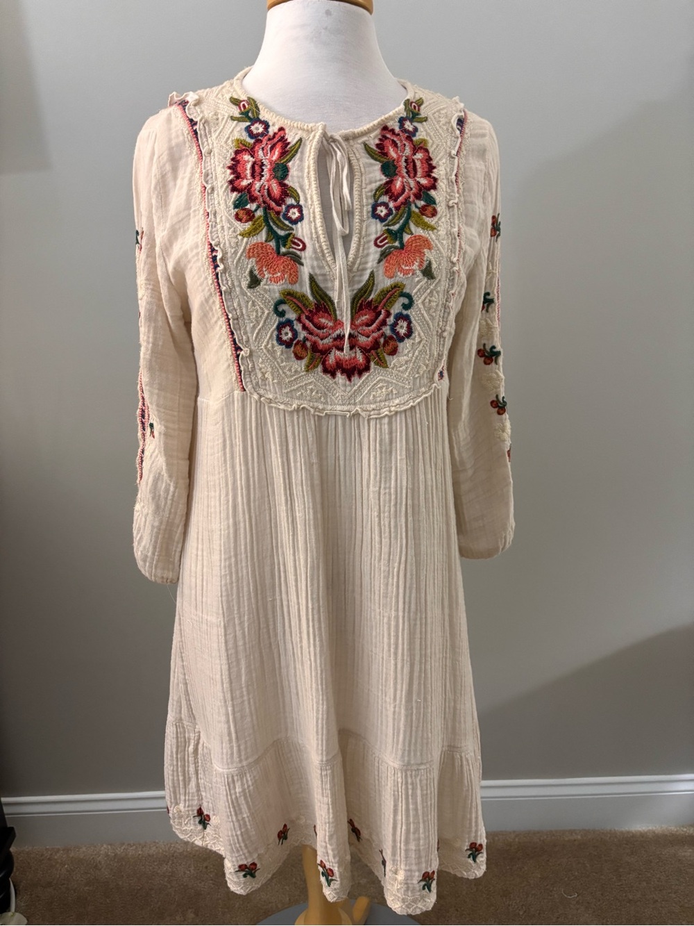 Johnny Was Cream Top with Red and Green Floral Embroidery